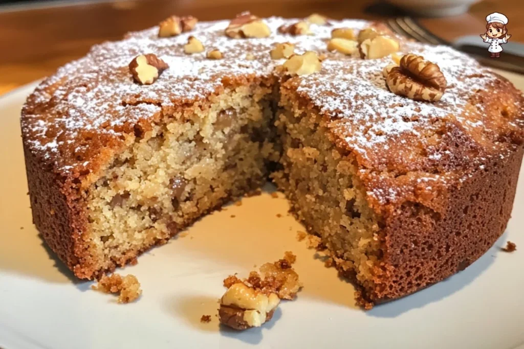Delicious Brown Sugar Walnut Cake topped with walnuts and brown sugar glaze