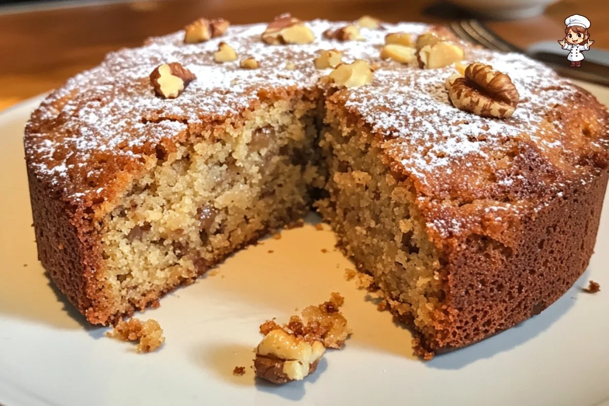 Delicious Brown Sugar Walnut Cake topped with walnuts and brown sugar glaze