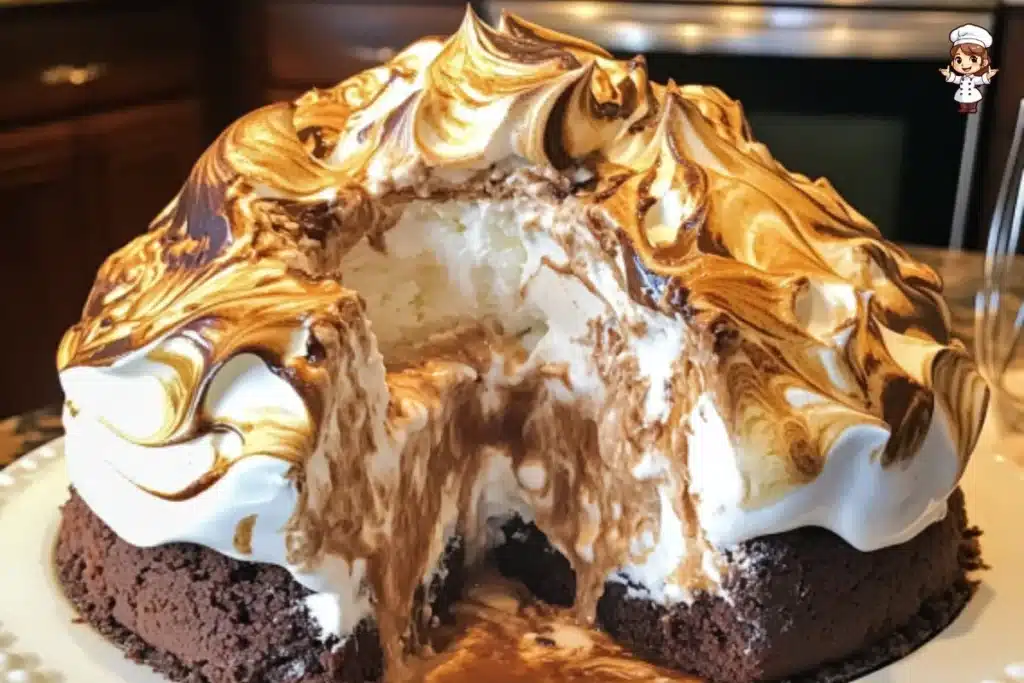 Delicious Brownie Baked Alaska dessert with fudgy brownies and fluffy meringue