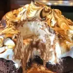 Delicious Brownie Baked Alaska dessert with fudgy brownies and fluffy meringue