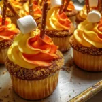 Delicious Campfire Cupcakes topped with marshmallow frosting and chocolate.