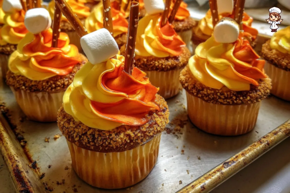 Delicious Campfire Cupcakes topped with marshmallow frosting and chocolate.