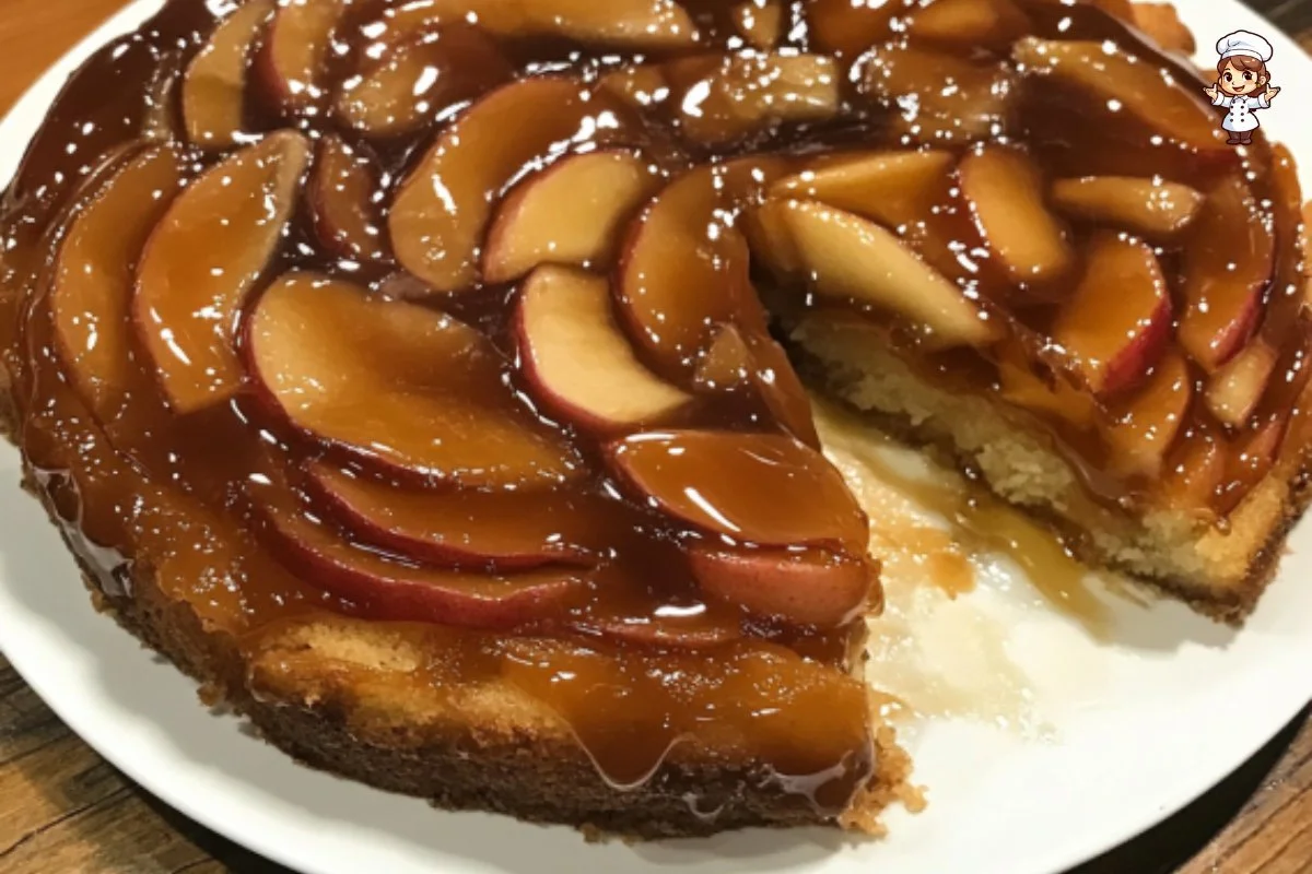 Delicious Caramel Apple Upside Down Cake topped with gooey caramel and fresh apples.