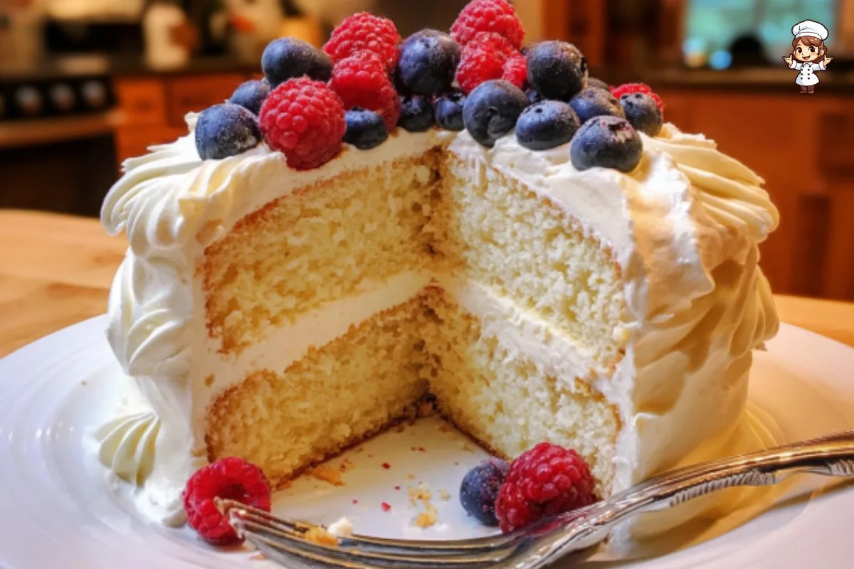 Delicious Chantilly Cake with fresh fruit and whipped cream toppings.