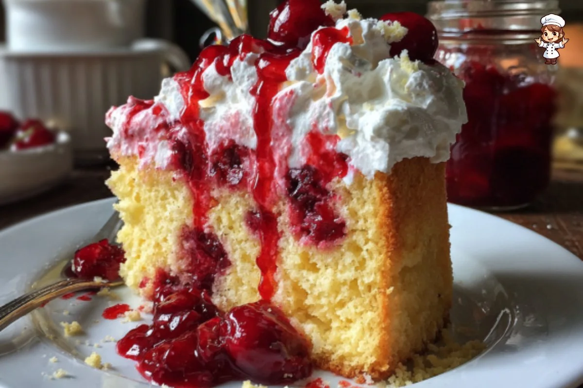Delicious cherry cake topped with cherry sauce and whipped cream