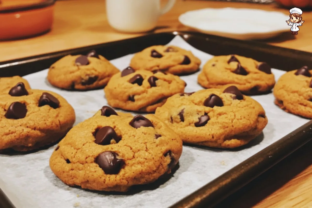 Chewy pumpkin chocolate chip cookies fresh out of the oven