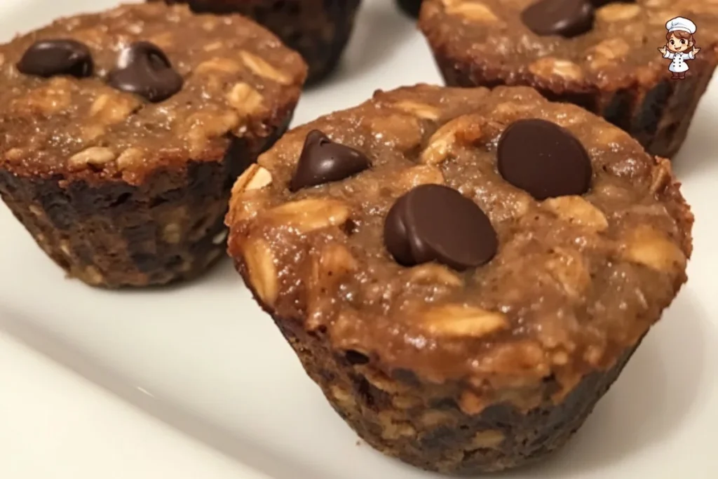 Chocolate chip baked oatmeal cups fresh out of the oven, served on a plate.