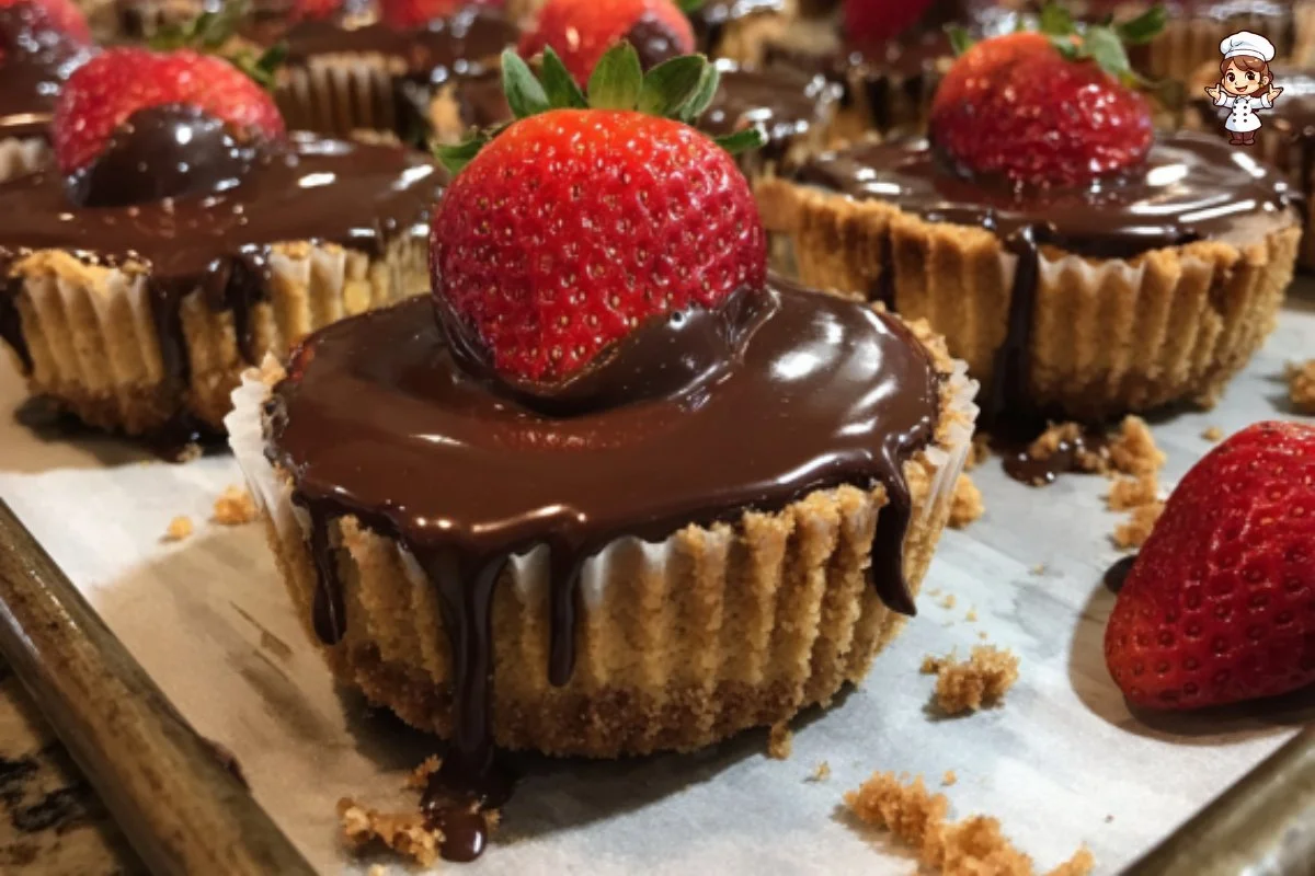 Chocolate covered strawberry cheesecake cups served in elegant dessert cups