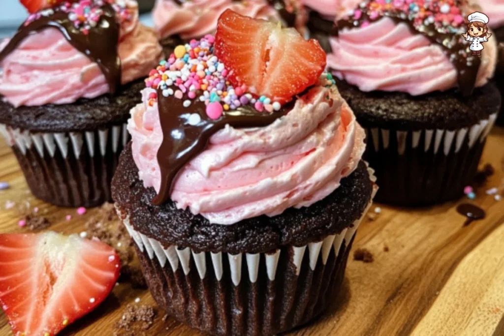 Chocolate Covered Strawberry Cupcakes topped with fresh strawberries and chocolate drizzle