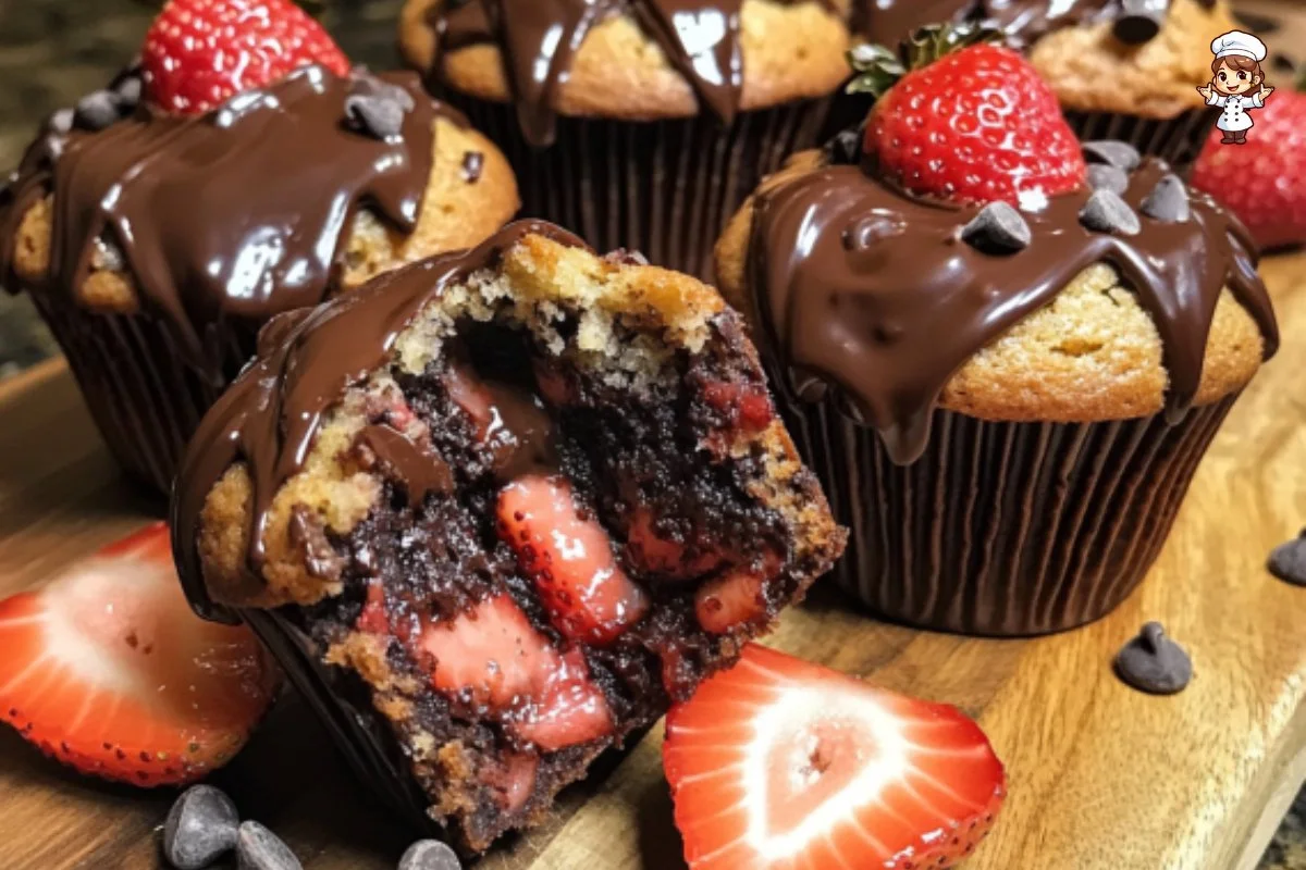 Delicious chocolate covered strawberry muffins on a plate