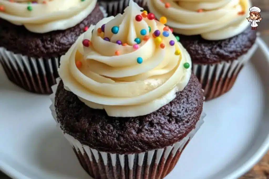 Delicious chocolate cupcakes topped with creamy vanilla buttercream frosting