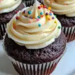 Delicious chocolate cupcakes topped with creamy vanilla buttercream frosting