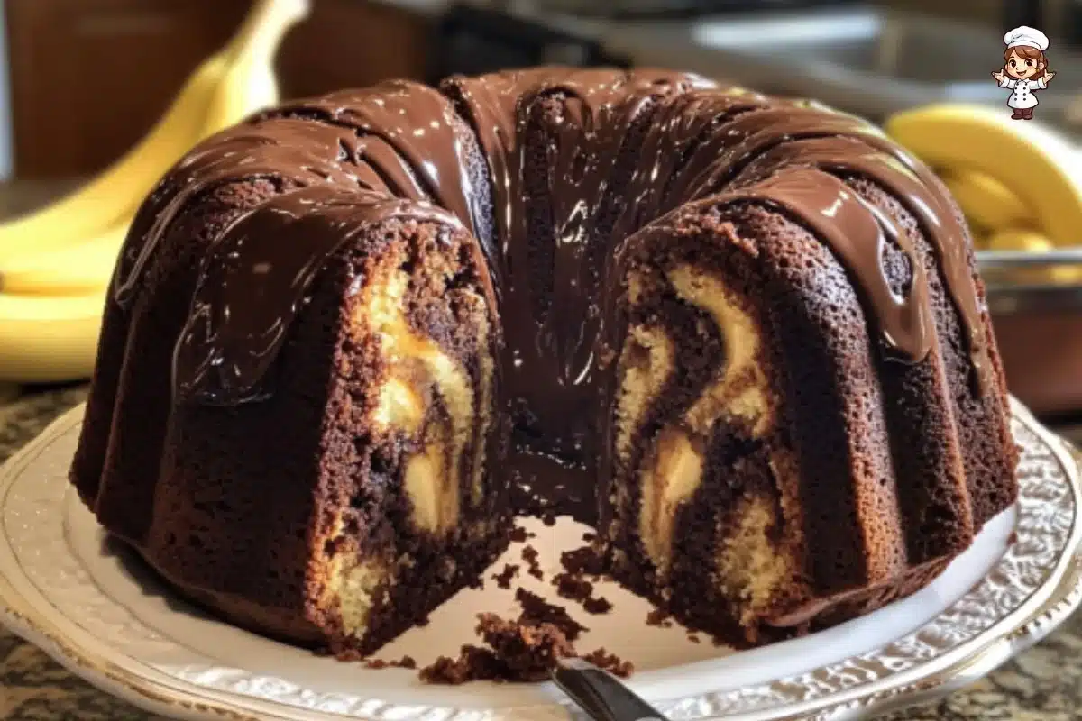 Chocolate Marble Banana Bundt Cake with a rich chocolate swirl
