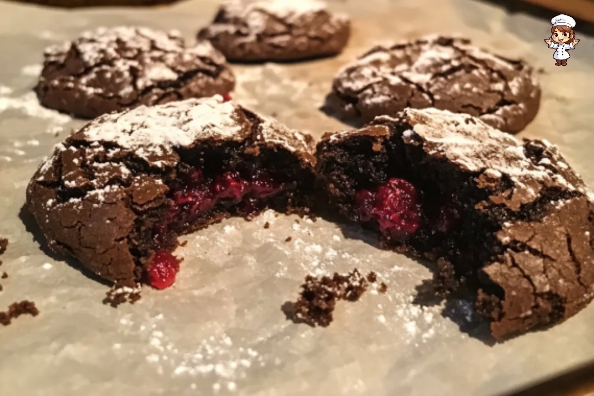 Delicious Chocolate Raspberry Crinkles cookies dusted with powdered sugar.