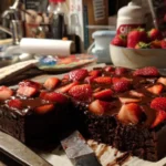 Delicious Chocolate Strawberry Brownies topped with fresh strawberries
