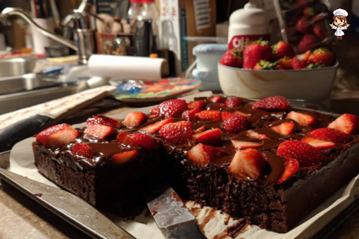 Delicious Chocolate Strawberry Brownies topped with fresh strawberries