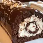 Delicious Chocolate Swiss Roll Cake with chocolate icing and cream filling