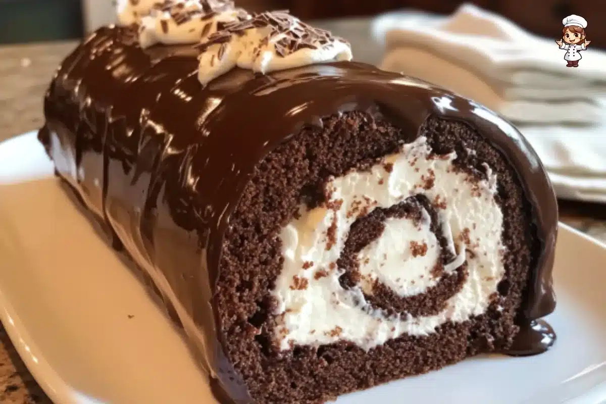 Delicious Chocolate Swiss Roll Cake with chocolate icing and cream filling
