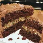 Delicious slice of moist Chocolate Zucchini Cake topped with chocolate frosting