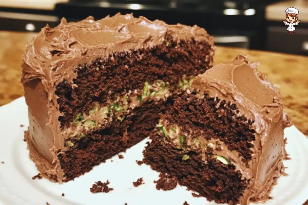 Delicious slice of moist Chocolate Zucchini Cake topped with chocolate frosting