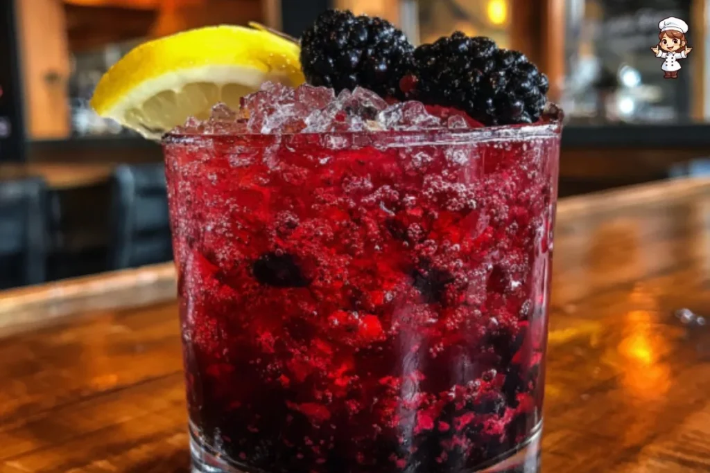A refreshing Classic Bramble cocktail garnished with blackberries and lemon.