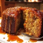 Delicious sticky toffee cake drizzled with rich toffee sauce, served on a plate.
