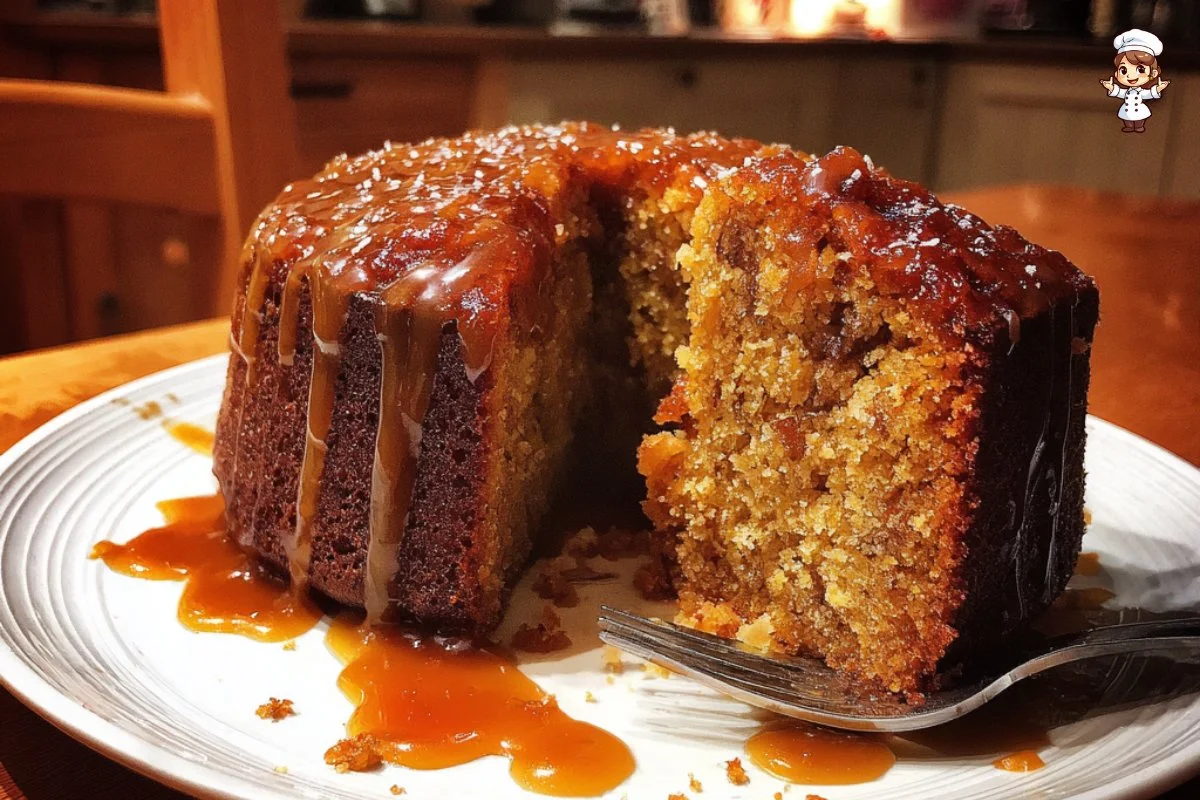 Delicious sticky toffee cake drizzled with rich toffee sauce, served on a plate.