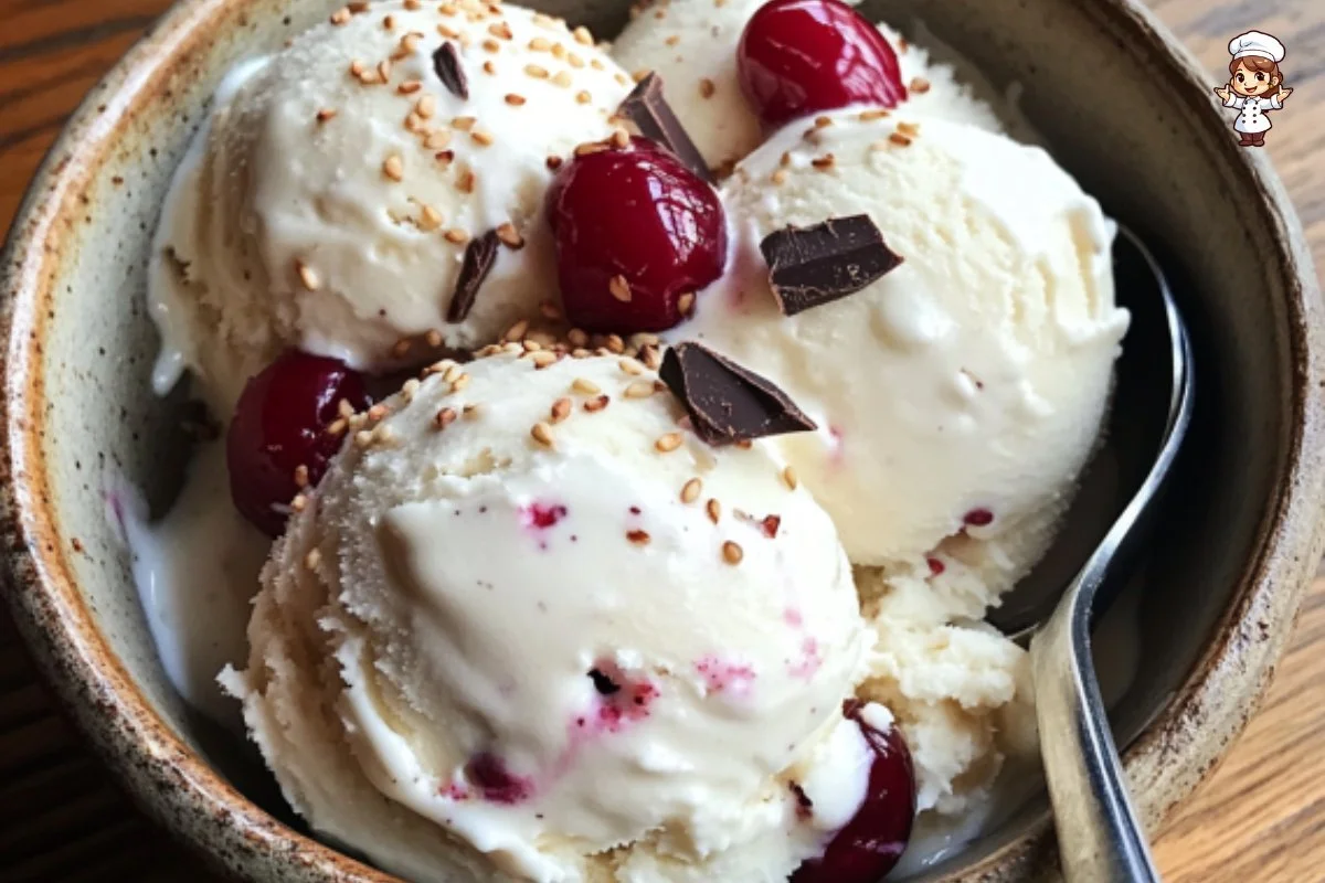Delicious coconut milk ice cream served in a bowl with fresh coconut slices