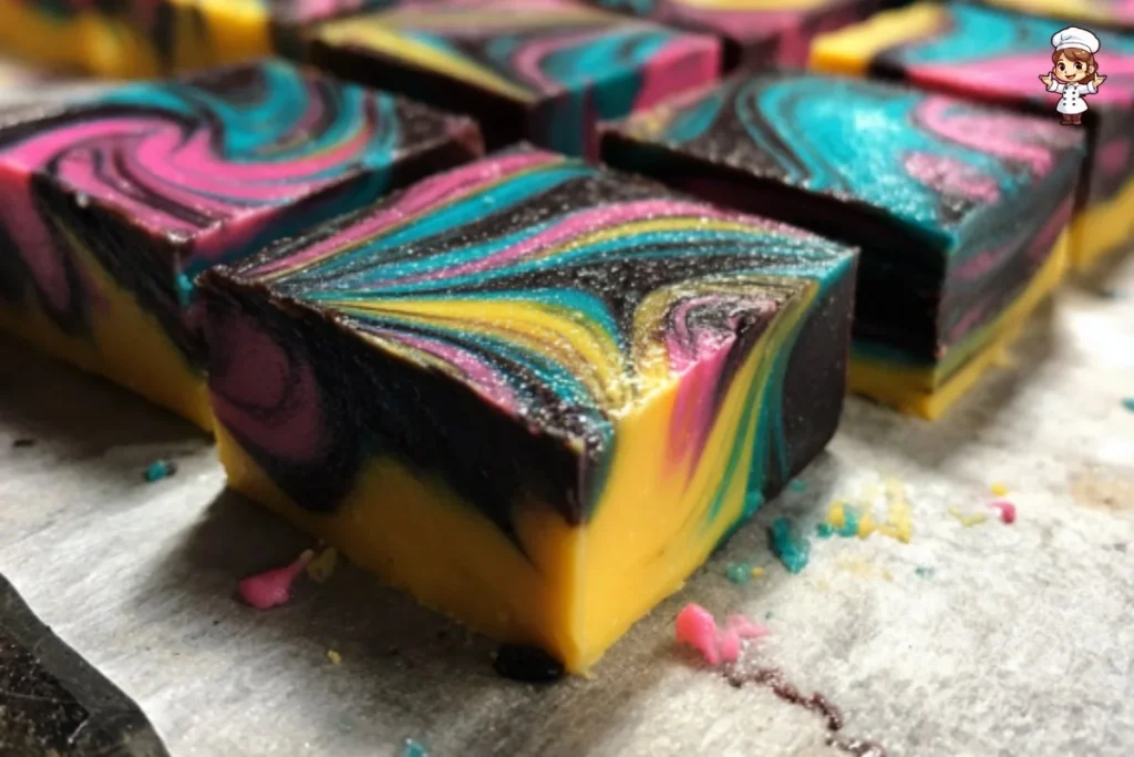Colored peppermint fudge pieces with a festive design