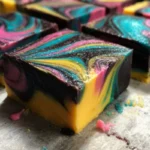 Colored peppermint fudge pieces with a festive design