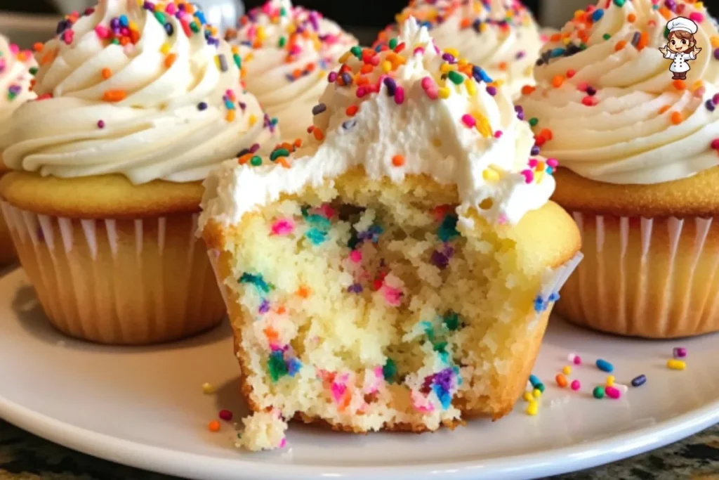 Colorful confetti sprinkle cupcakes with frosting, perfect for celebrations.