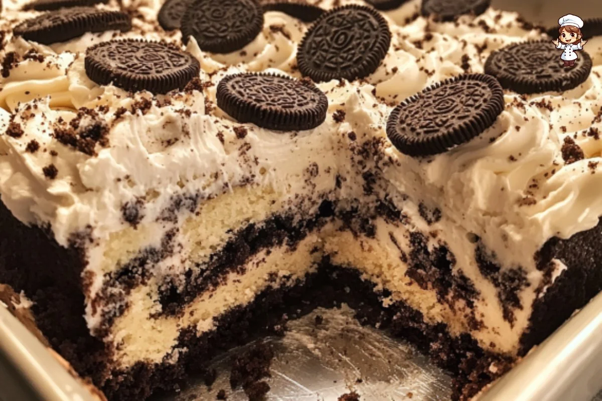 Delicious Cookies and Cream Cake topped with chocolate shavings and cookie crumbles.