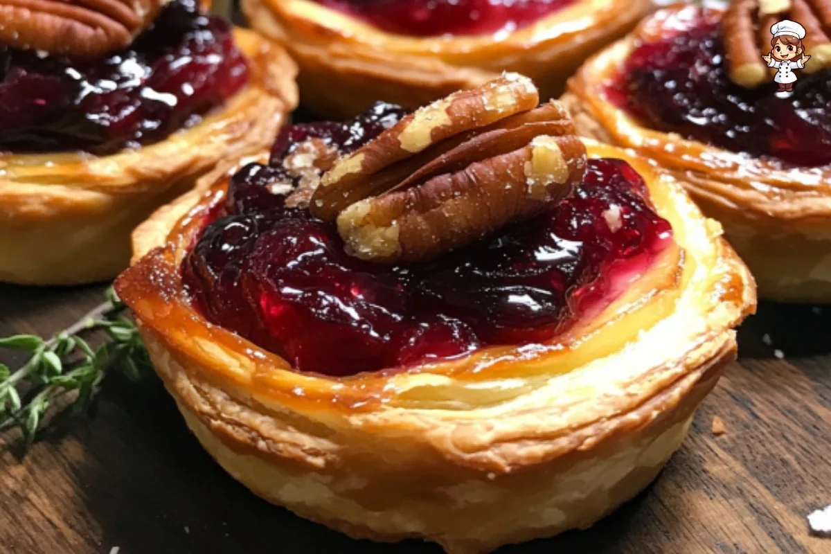 Cranberry Brie Puff Pastry Tarts garnished with fresh herbs on a serving platter.