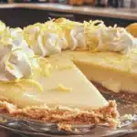 Delicious creamy lemon pie with a golden crust and fresh lemon garnish.