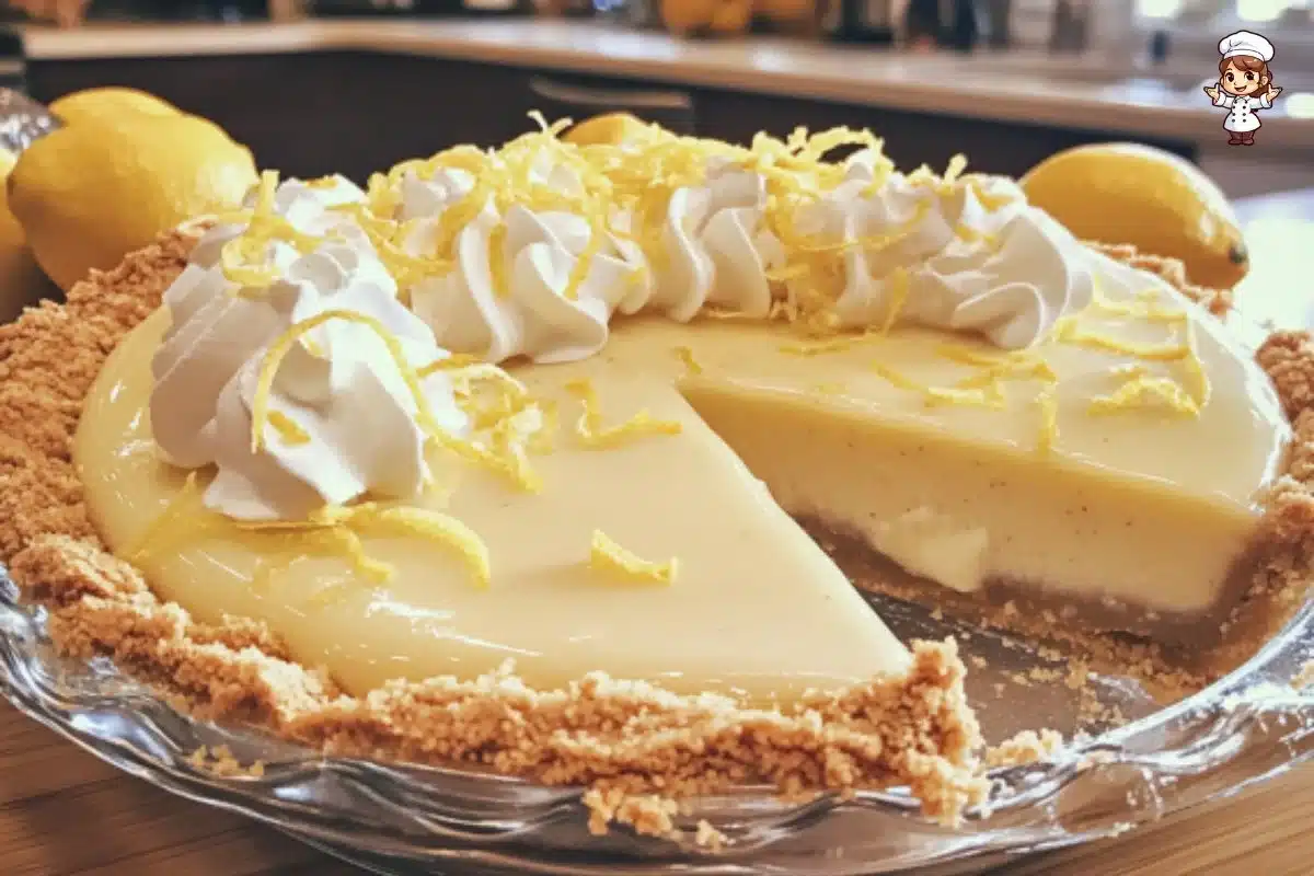 Delicious creamy lemon pie with a golden crust and fresh lemon garnish.
