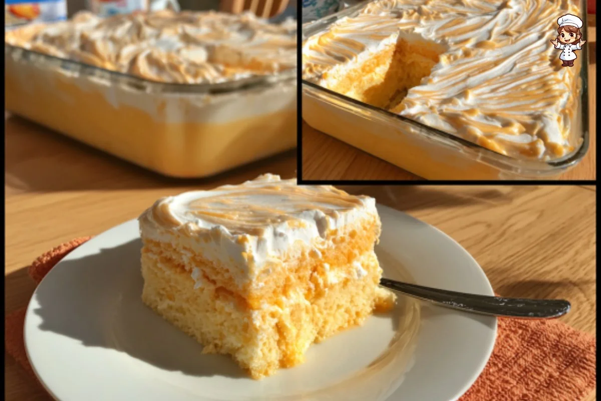 Creamy orange cake topped with zest and cream, perfect for celebrations.