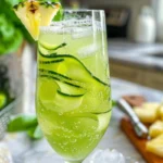 Cucumber Basil cocktail garnished with fresh herbs and cucumber slices