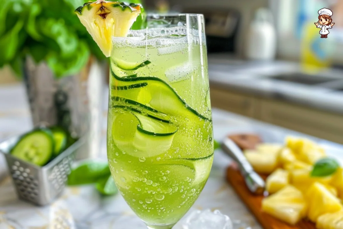 Cucumber Basil cocktail garnished with fresh herbs and cucumber slices