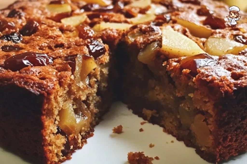 Delicious slice of Date Pear Cake with fresh dates and pears on a plate.