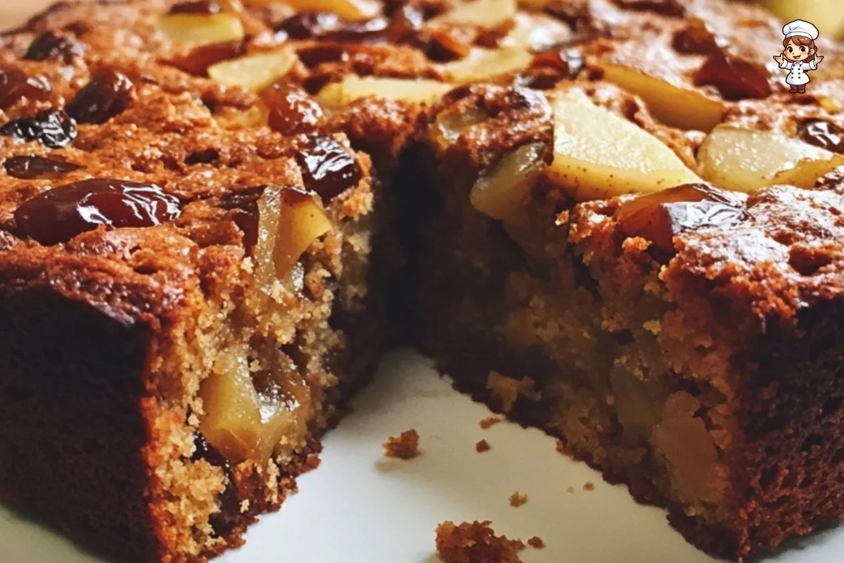 Delicious slice of Date Pear Cake with fresh dates and pears on a plate.