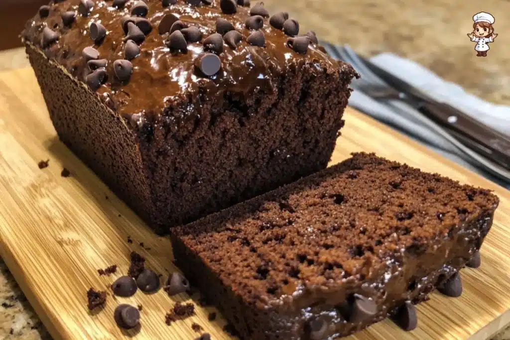 Loaf of double chocolate banana bread sliced on a wooden board