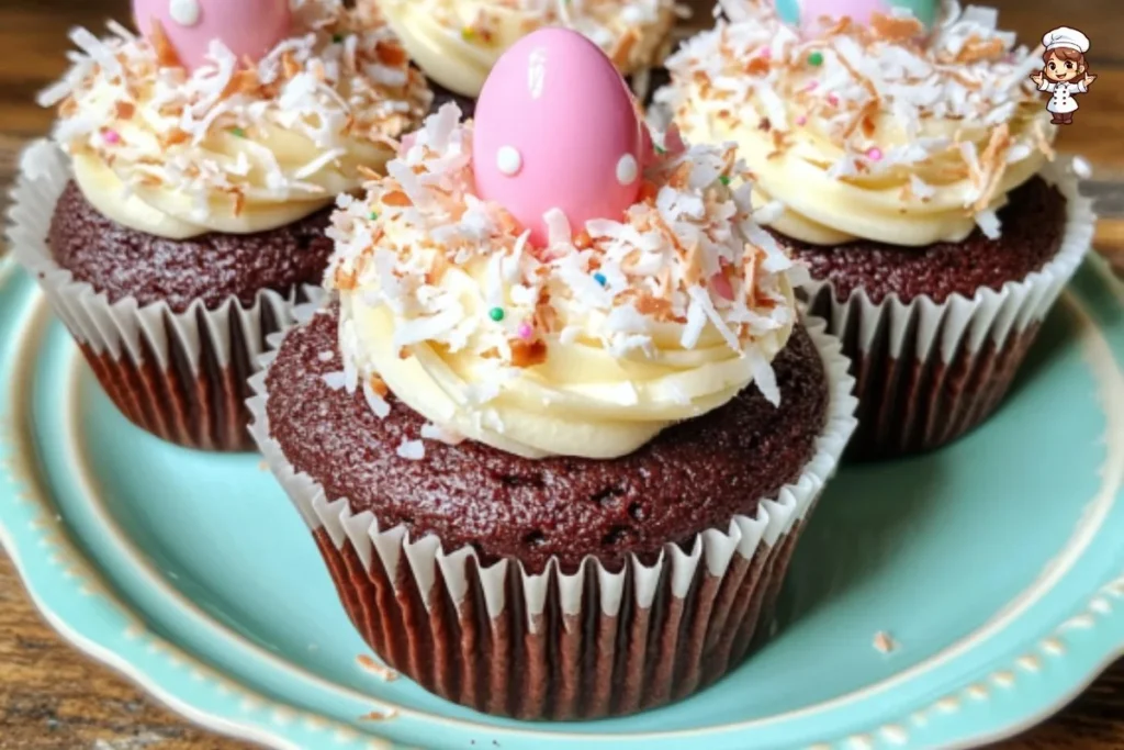 Easter Cupcakes topped with coconut and chocolate, perfect for spring celebrations.