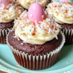 Easter Coconut Chocolate Cupcakes with Ganache Filling and Creamy Frosting