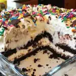 Delicious easy 5 layer ice cream cake ready to serve at a party.