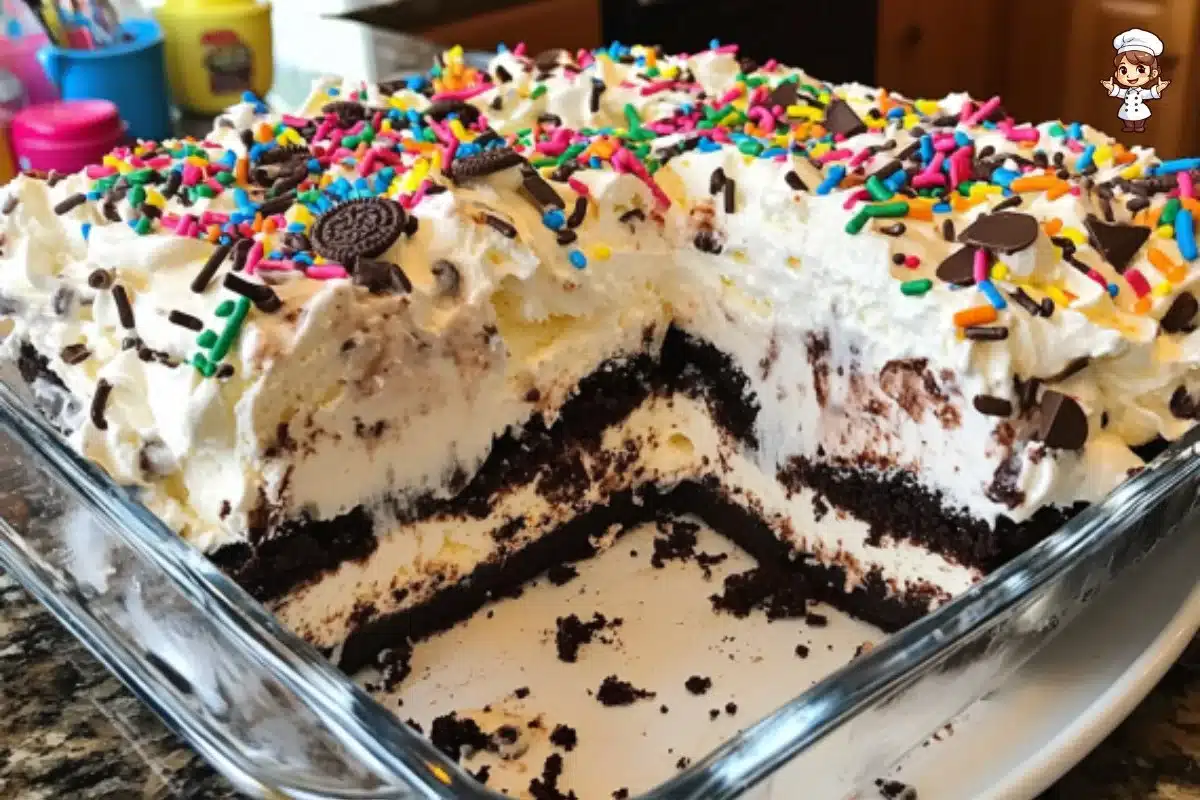 Delicious easy 5 layer ice cream cake ready to serve at a party.