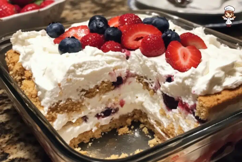 Delicious Easy Berry Icebox Cake with fresh berries and whipped cream layers