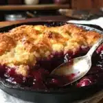 Delicious homemade easy cherry cobbler served in a rustic dish.