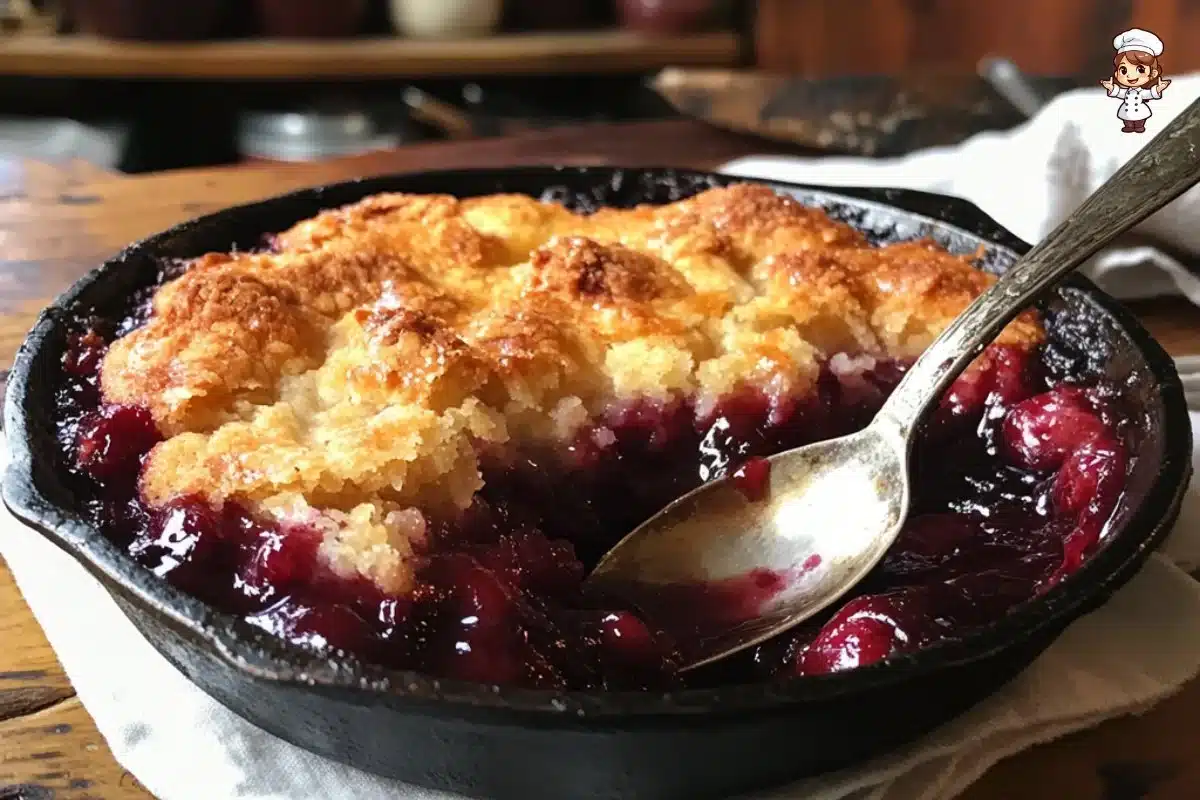Delicious homemade easy cherry cobbler served in a rustic dish.
