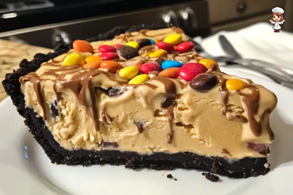 Delicious easy peanut butter ice cream pie topped with chocolate drizzle