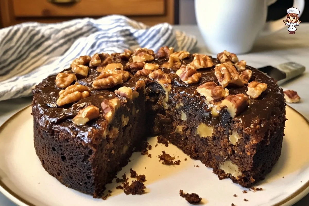 Delicious Espresso Date Cake with Walnuts on a wooden table